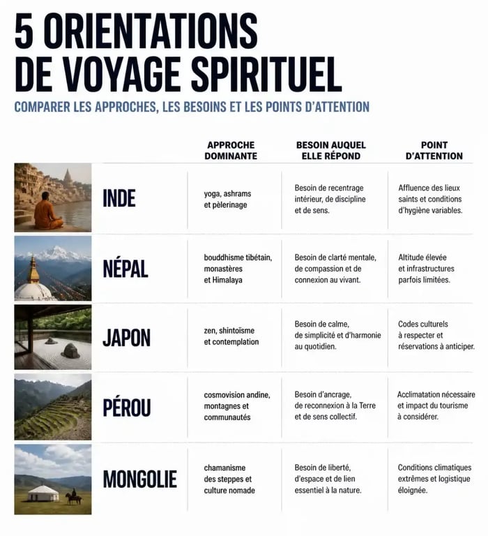 Infographie comparative des destinations de voyage spirituel en Inde, au Népal, au Japon, au Pérou et en Mongolie