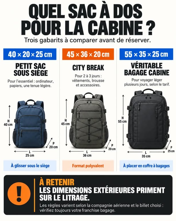 Infographie du meilleur sac à dos voyage cabine selon les formats et dimensions autorisés