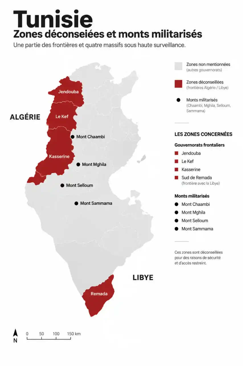 Carte des zones déconseillées en Tunisie : conseil voyage Tunisie et régions frontalières à éviter