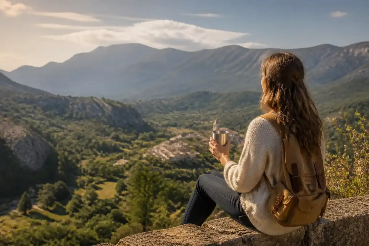 Voyageur solitaire contemplant un paysage de montagne au lever du soleil