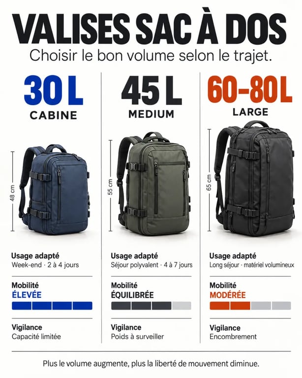 Infographie des formats de valise sac a dos cabine, medium et large