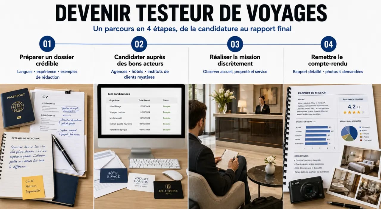 Comment devenir testeur de voyages : parcours en 4 étapes pour préparer sa candidature, réaliser une mission et rédiger un compte-rendu