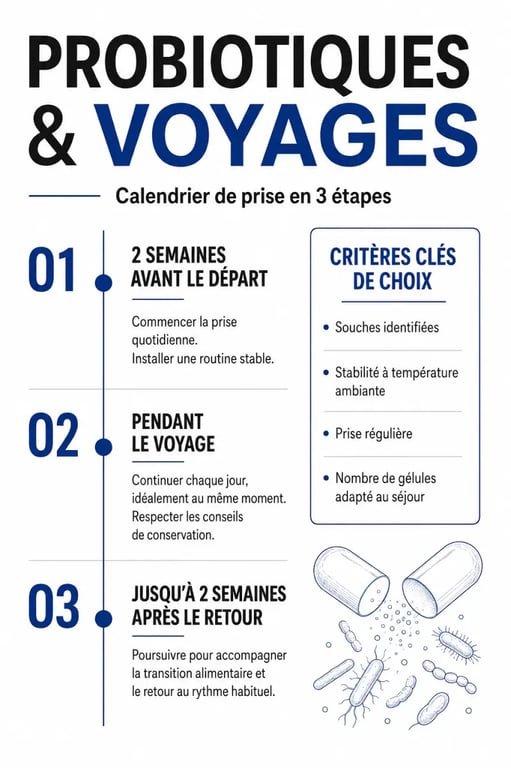 Probiotiques voyages : calendrier de prise avant, pendant et après le départ