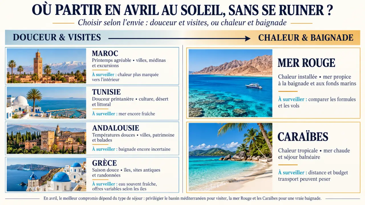 Infographie pour savoir où partir en avril pas cher au soleil selon la météo, la baignade et le budget