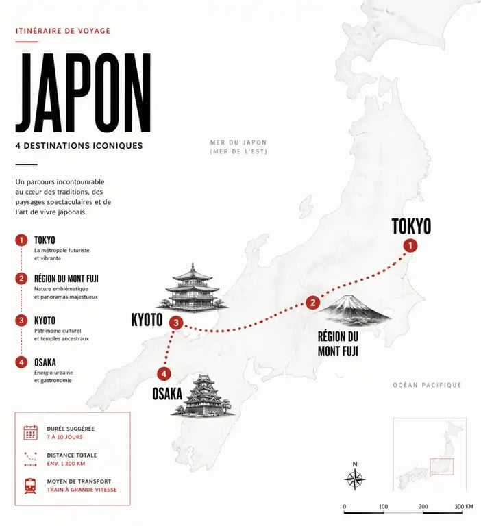 Carte de l'itinéraire au Japon reliant Tokyo, mont Fuji, Kyoto et Osaka
