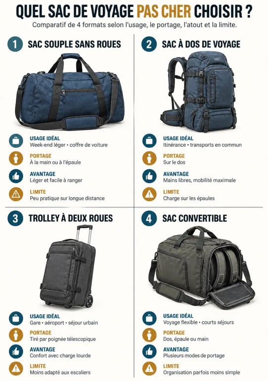 Infographie comparative des formats de sac de voyage pas cher selon l’usage et le mode de portage