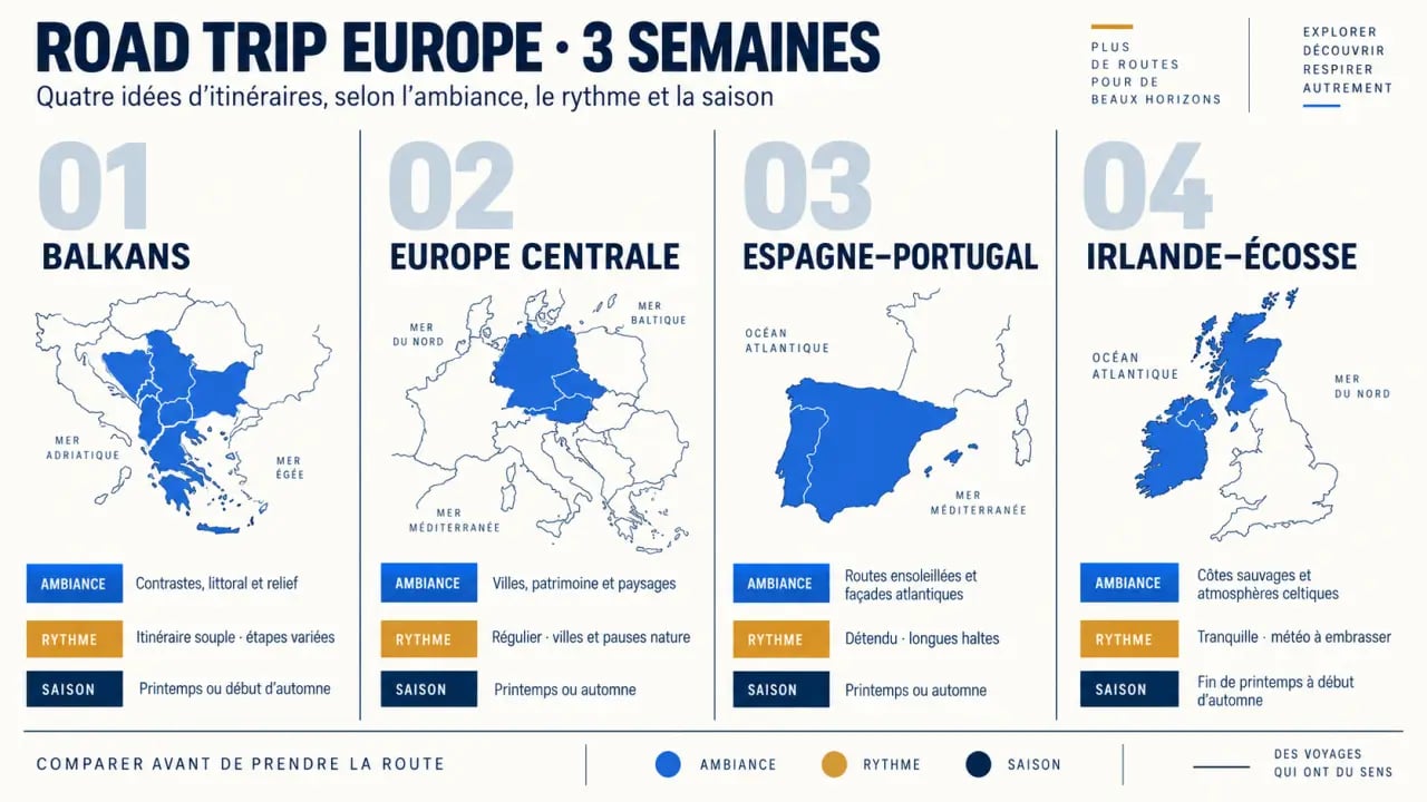 Infographie comparative pour un road trip Europe 3 semaines selon quatre itinéraires