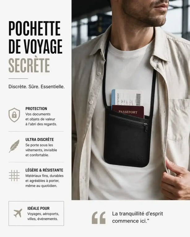 Pochette pour voyage secrète portée en tour de cou pour la sécurité des documents