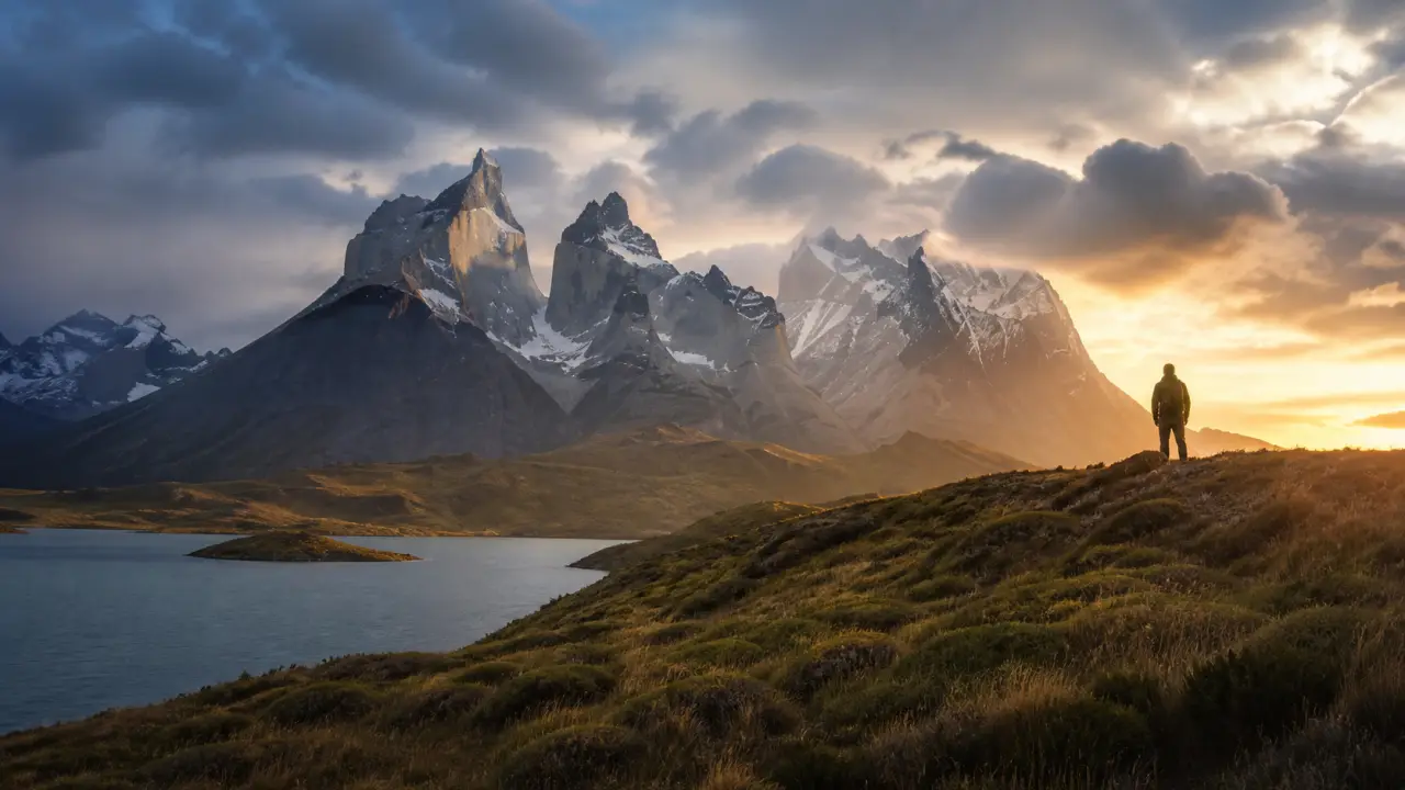 Paysage panoramique de Patagonie au lever du soleil, montagnes brumeuses et voyageur solitaire