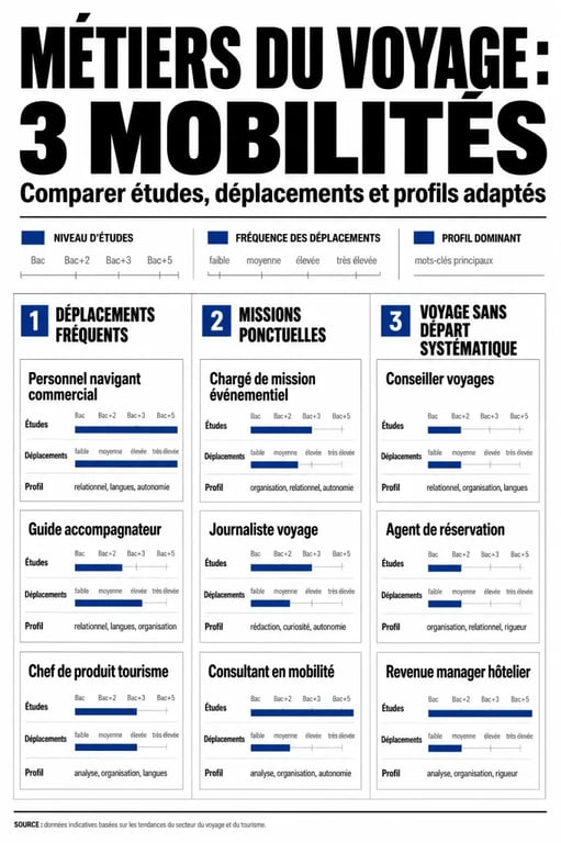 Métier dans le voyage : comparaison visuelle des déplacements, du niveau d’études et du profil adapté selon les professions