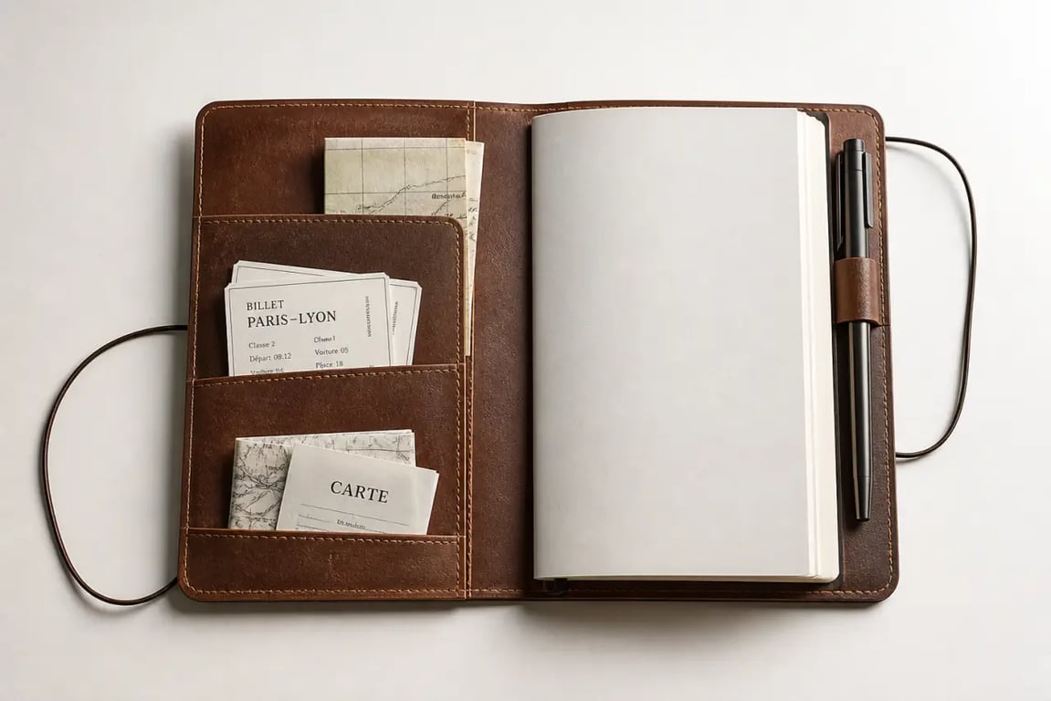 Couverture de carnet de voyage en cuir ouverte avec poches, soufflet et emplacement stylo