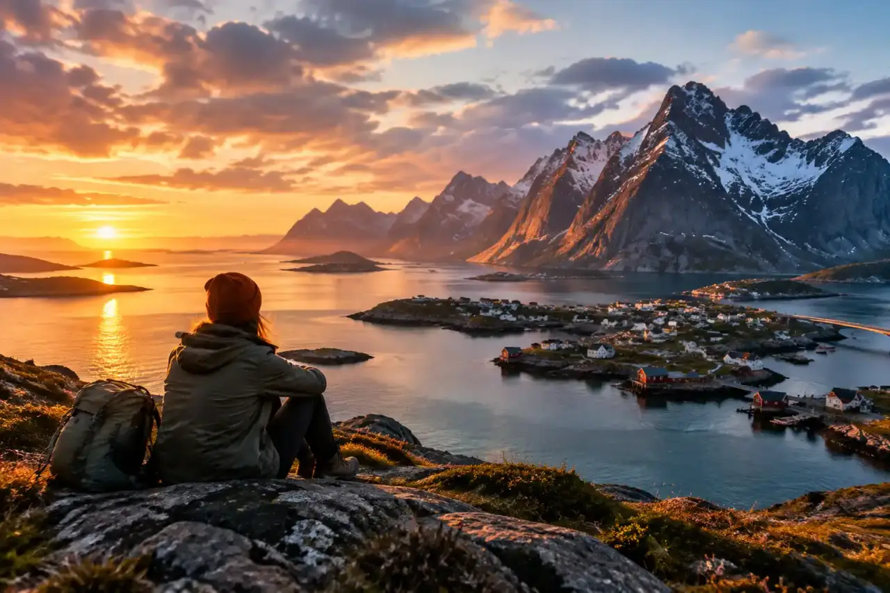 Voyageur solitaire face à un paysage de montagnes brumeuses au lever du soleil