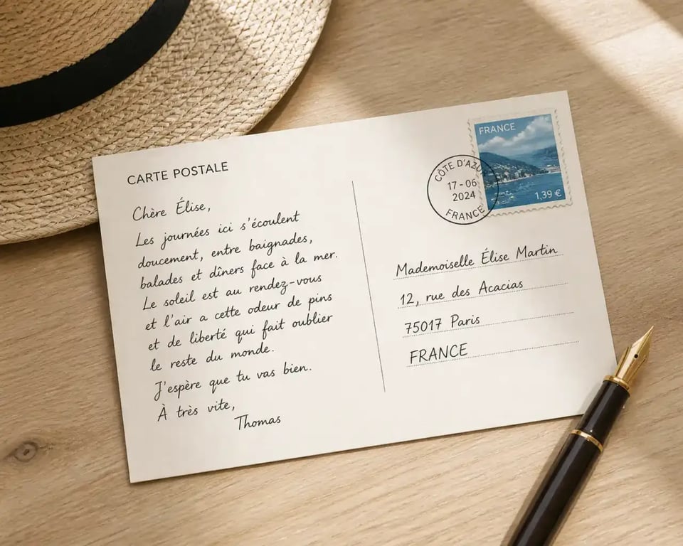 Exemple de texte carte postale vacances manuscrit sur une table de vacances