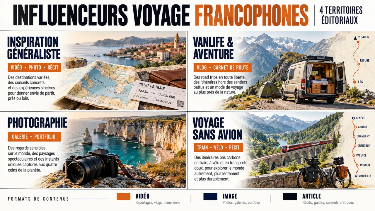 Infographie sur les influenceurs voyage francophones classés par spécialité