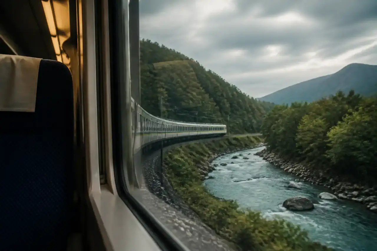 Train japonais filant à travers un paysage brumeux de montagnes et de forêts