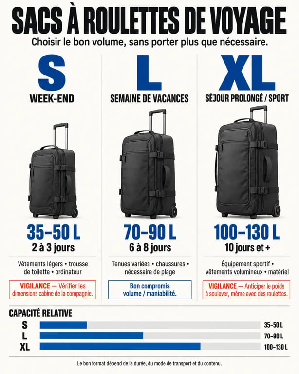 Infographie sur les sacs à roulettes de voyage selon la taille, la capacité et la durée du séjour