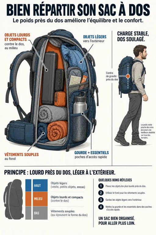 Infographie de rangement sac à dos montrant la répartition des objets par zone