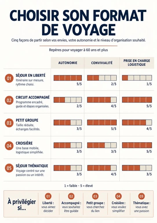 Voyager seule femme 60 ans : les différents formats de séjour selon l’autonomie et l’accompagnement