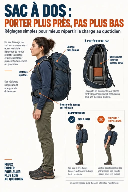 Infographie sur le sac à dos ergonomique mal de dos et le réglage des bretelles, de la ceinture et de la charge