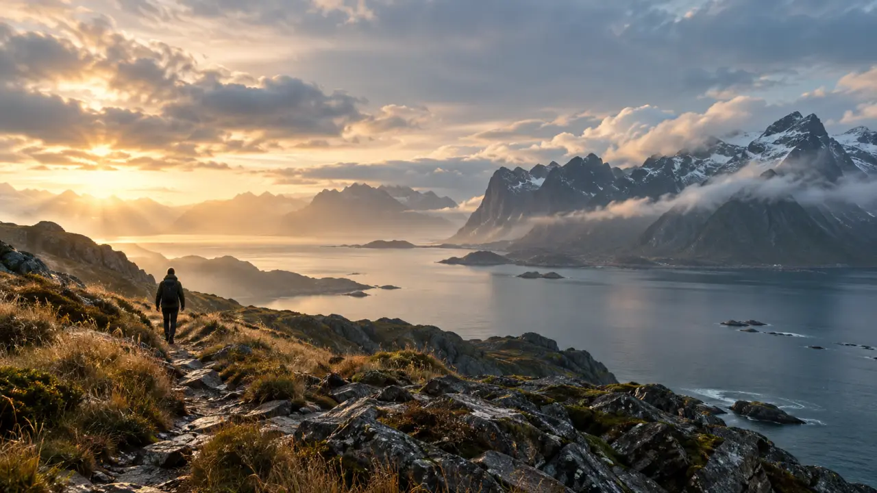Voyageur solitaire contemplant un paysage majestueux au lever du jour