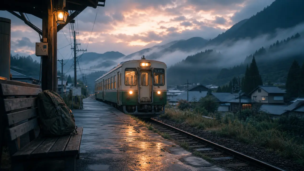 Paysage cinématographique du Japon vu depuis un train, au lever du soleil
