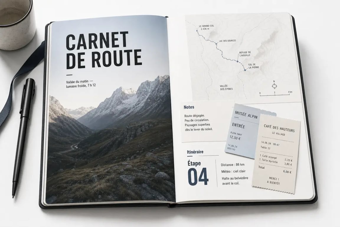 photo carnet de voyage ouvert avec photos, cartes et légendes