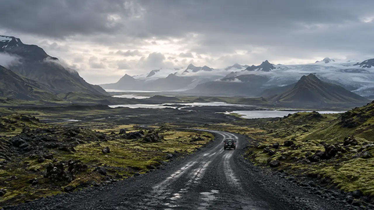 Paysage islandais vaste et brumeux, entre montagnes, route solitaire et lumière dorée
