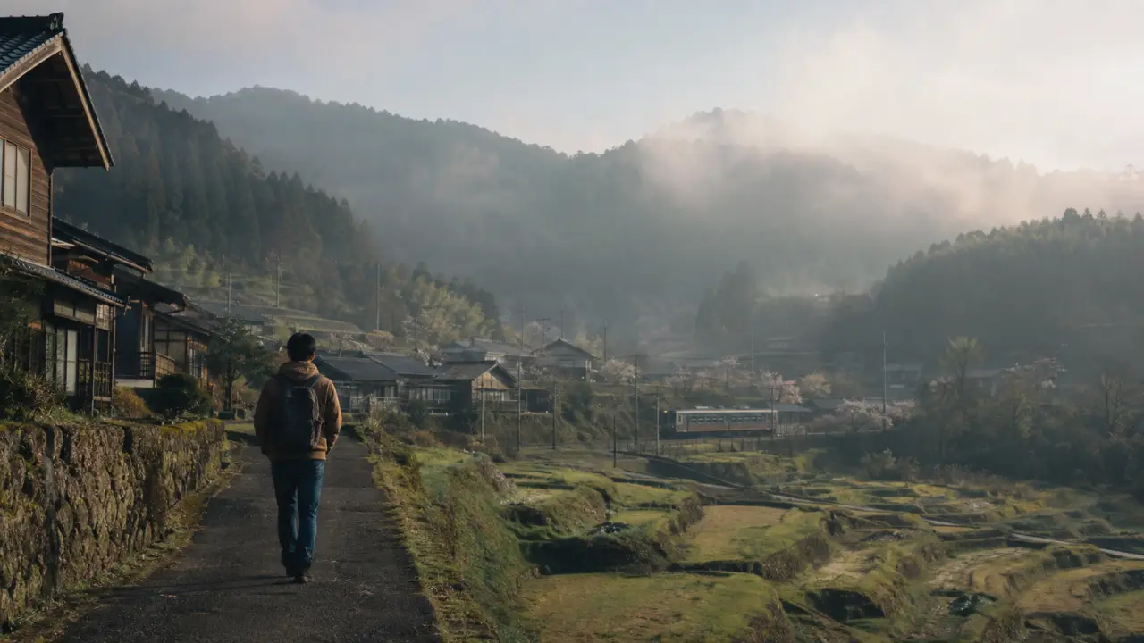 Paysage panoramique japonais au lever du soleil, montagnes brumeuses et voyageur solitaire