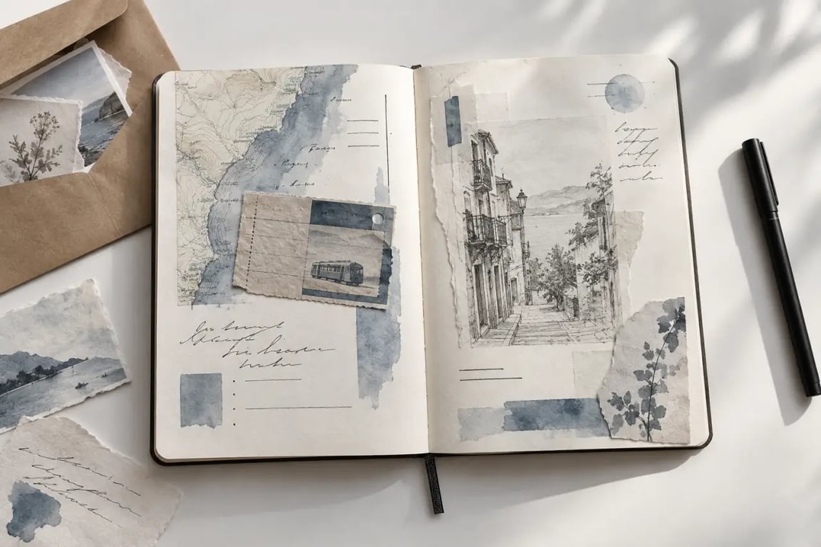Double page décorée d’un carnet de voyage fait maison avec aquarelle, ticket, croquis et notes