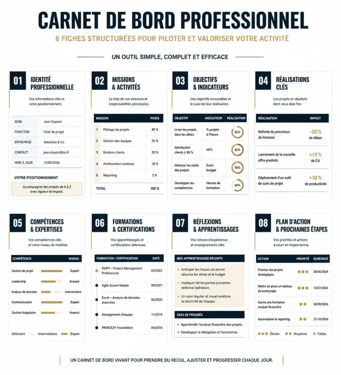 Structure des 8 fiches pour un carnet de bord professionnel
