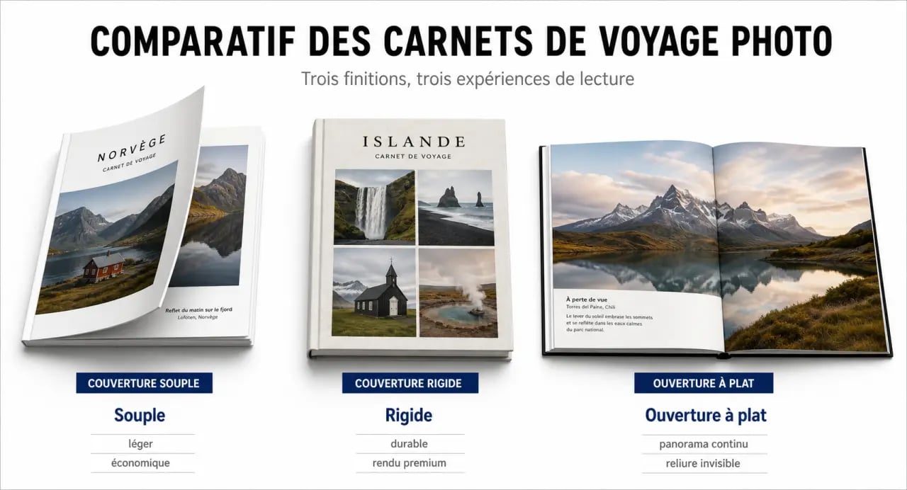 photo carnet de voyage comparant couverture souple, rigide et ouverture à plat
