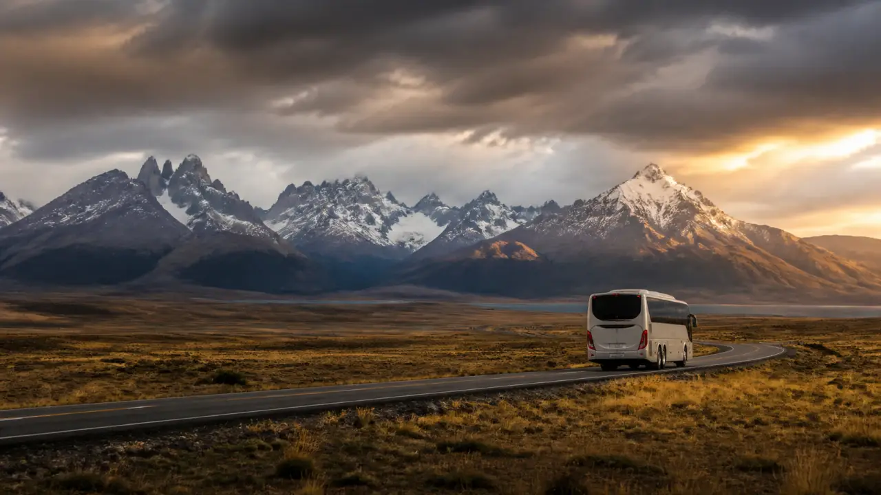 Paysage panoramique de Patagonie vu depuis une route de bus, montagnes brumeuses et lumière dorée