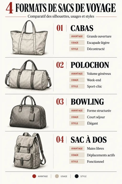 Comparatif visuel des formats de sac de voyage femme tendance : cabas, polochon, bowling et sac à dos