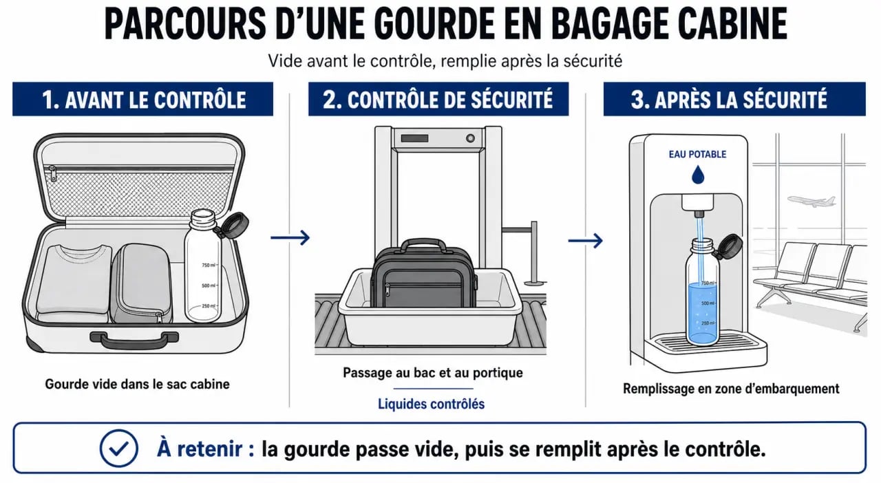 Gourde bagage cabine vide avant le contrôle de sécurité puis remplie après la sécurité à l’aéroport