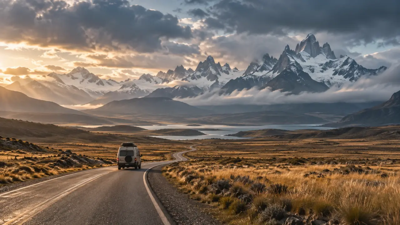 Voyageur solitaire face à une route traversant un paysage montagneux au lever du jour
