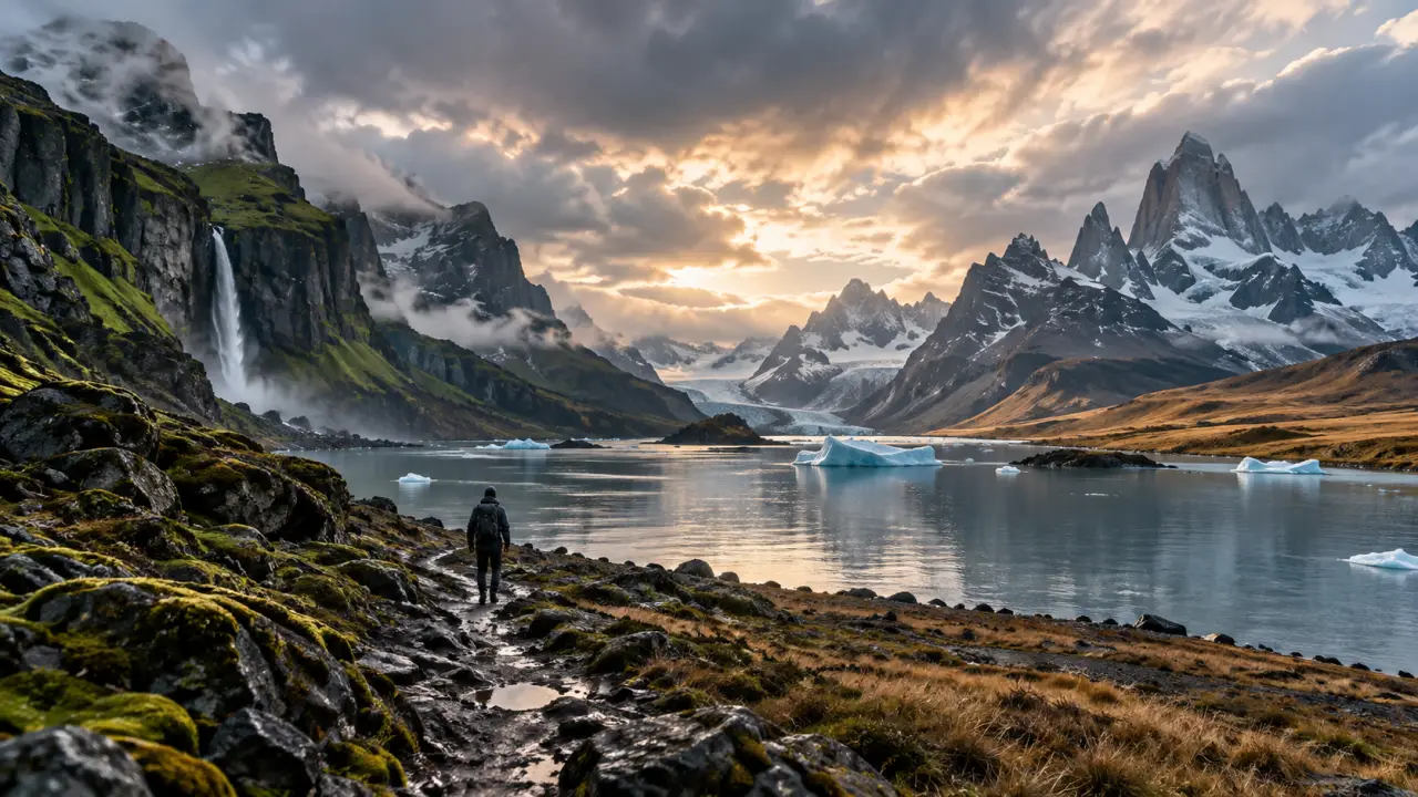 Paysage sauvage d'Islande ou de Patagonie, entre montagnes, brume et lumière douce