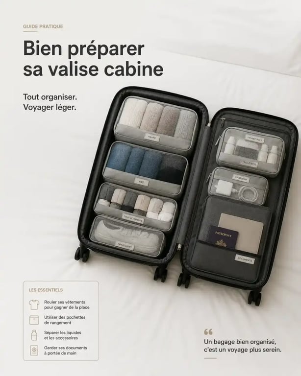 Liste valise week end organisée avec vêtements roulés et accessoires rangés par catégories