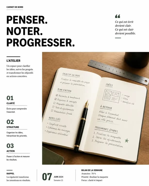 Exemple de carnet de bord professionnel organisé sur un bureau