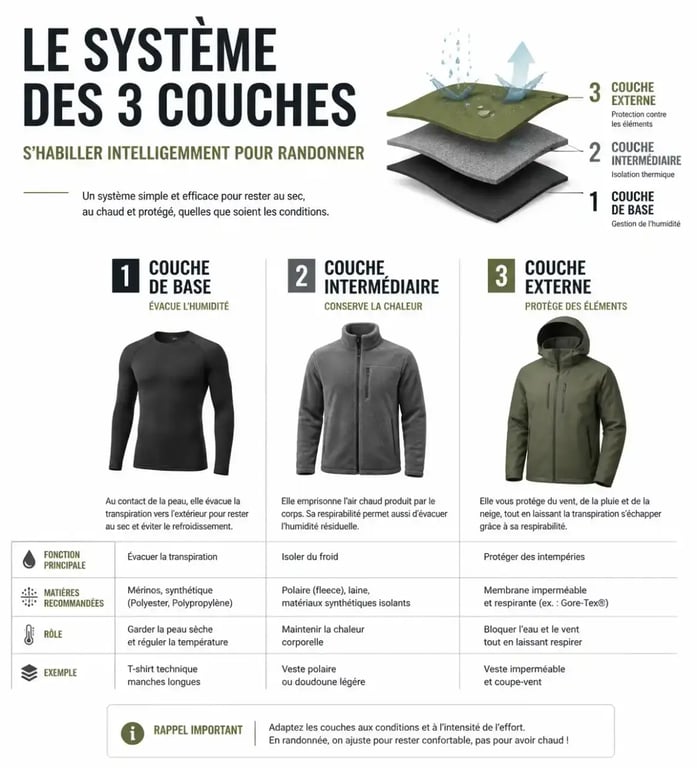 Infographie de la règle des trois couches pour la randonnée pour débutant