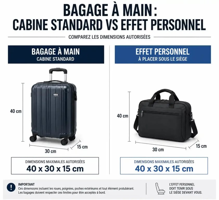Comparatif des dimensions d'un sac à main et d'un bagage cabine pour l'avion