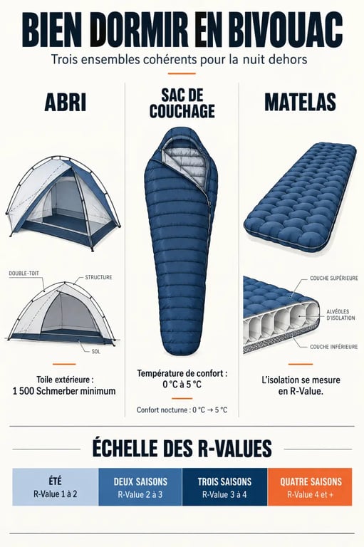 Matériel bivouac : choix de l’abri, du sac de couchage et du matelas selon la saison