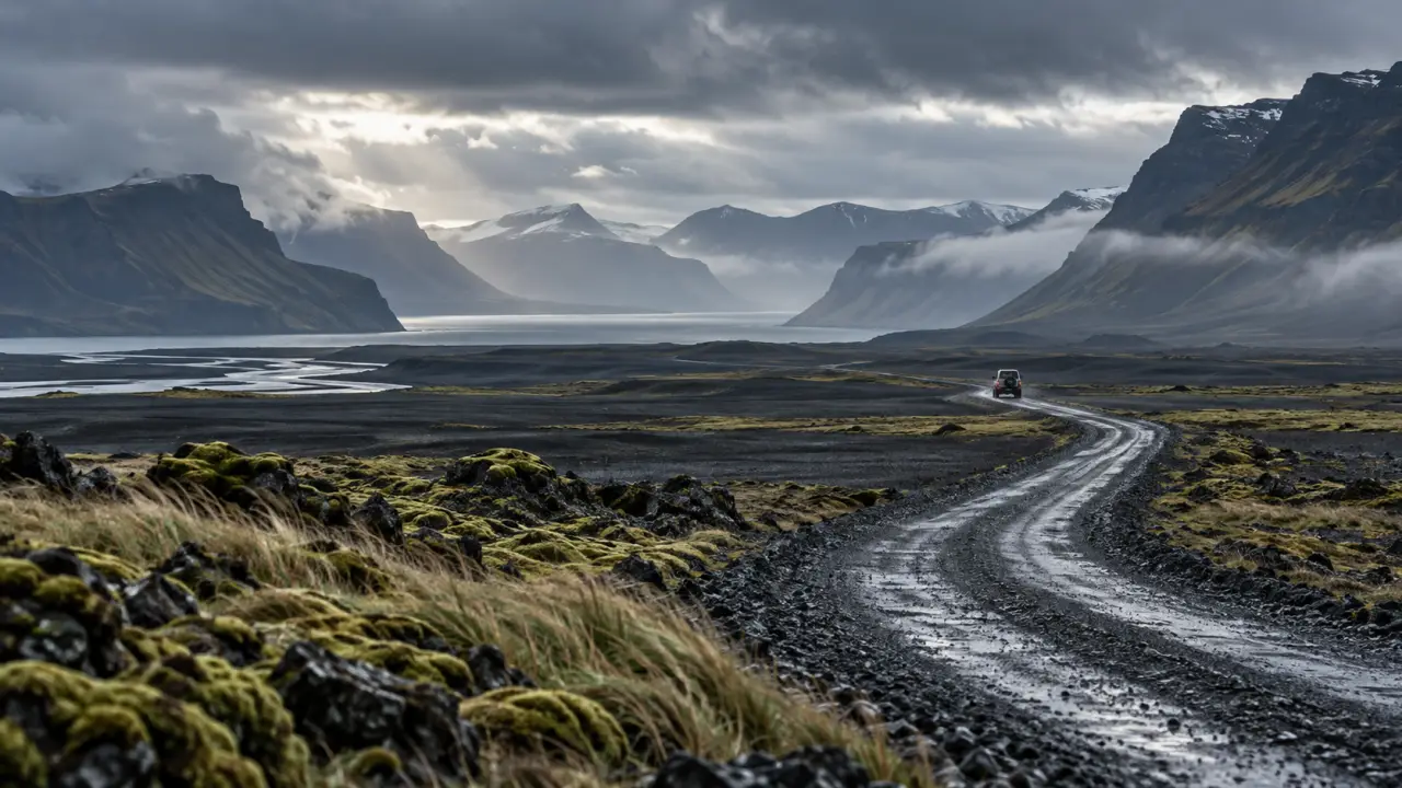 Route solitaire traversant un paysage volcanique d’Islande sous une lumière dramatique