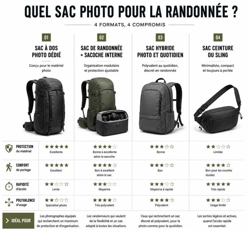 Sac photo pour randonnée : comparaison visuelle des formats et des critères de choix