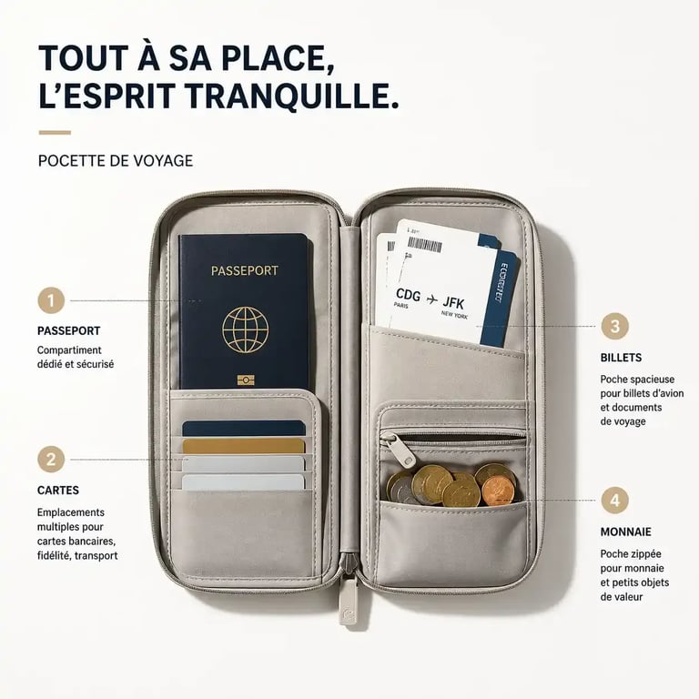 Pochette pour voyage ouverte avec compartiments pour passeport, billets et cartes