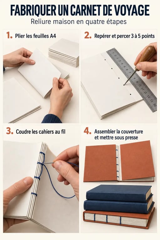 Étapes de fabrication d’un carnet de voyage fait maison avec pliage, couture et couverture en carton