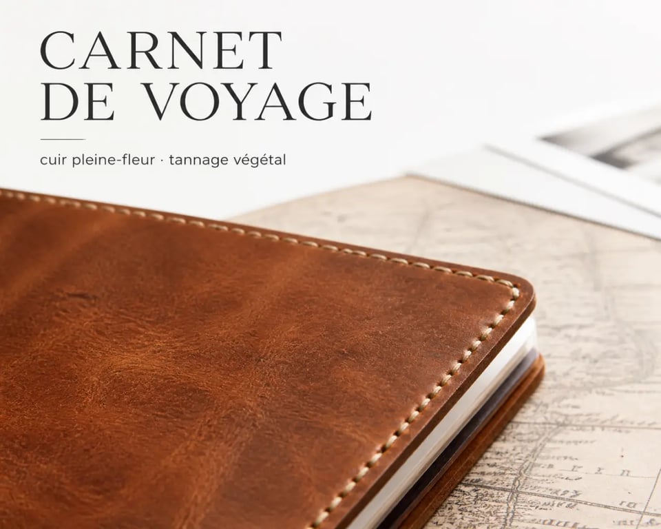 Détail des finitions d’une couverture de carnet de voyage en cuir pleine-fleur